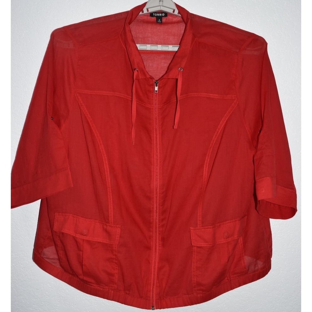 TORRID 4X Top Jacket Sheer Zip Front Roll Tab Sleeves RED Lightweight Pockets